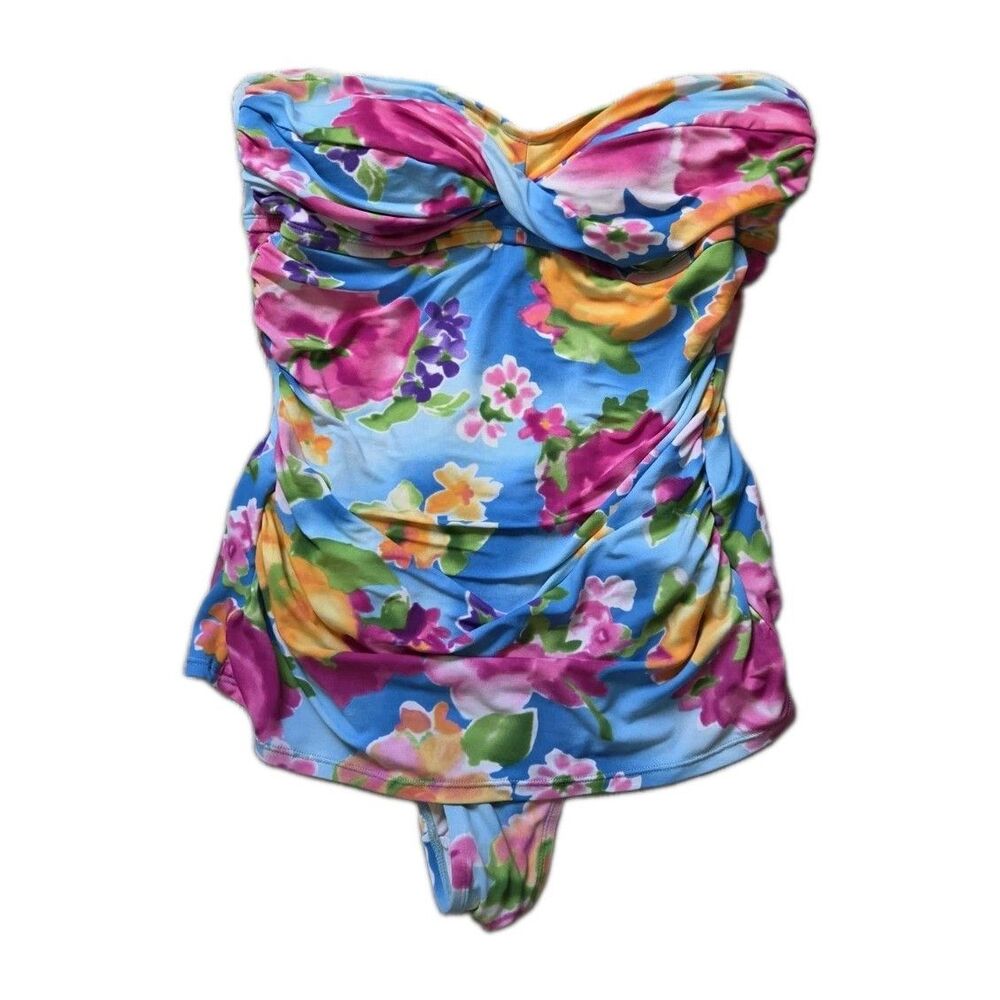 Jantzen Blue Floral Strapless Ruched One Piece Swimsuit Swimwear Size 14 GUC